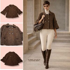 NESLAY PARIS Brown Wool Tweed Coat 3/4 Bell Sleeve Women Size Large - Vintage
